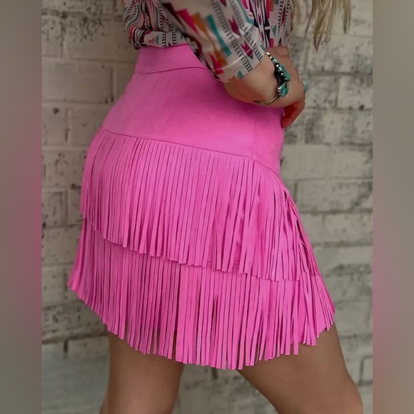 WESTERN Pink Skirt Fringe Faux Suede Leather Mini Boho Style - Picture 2 of 7